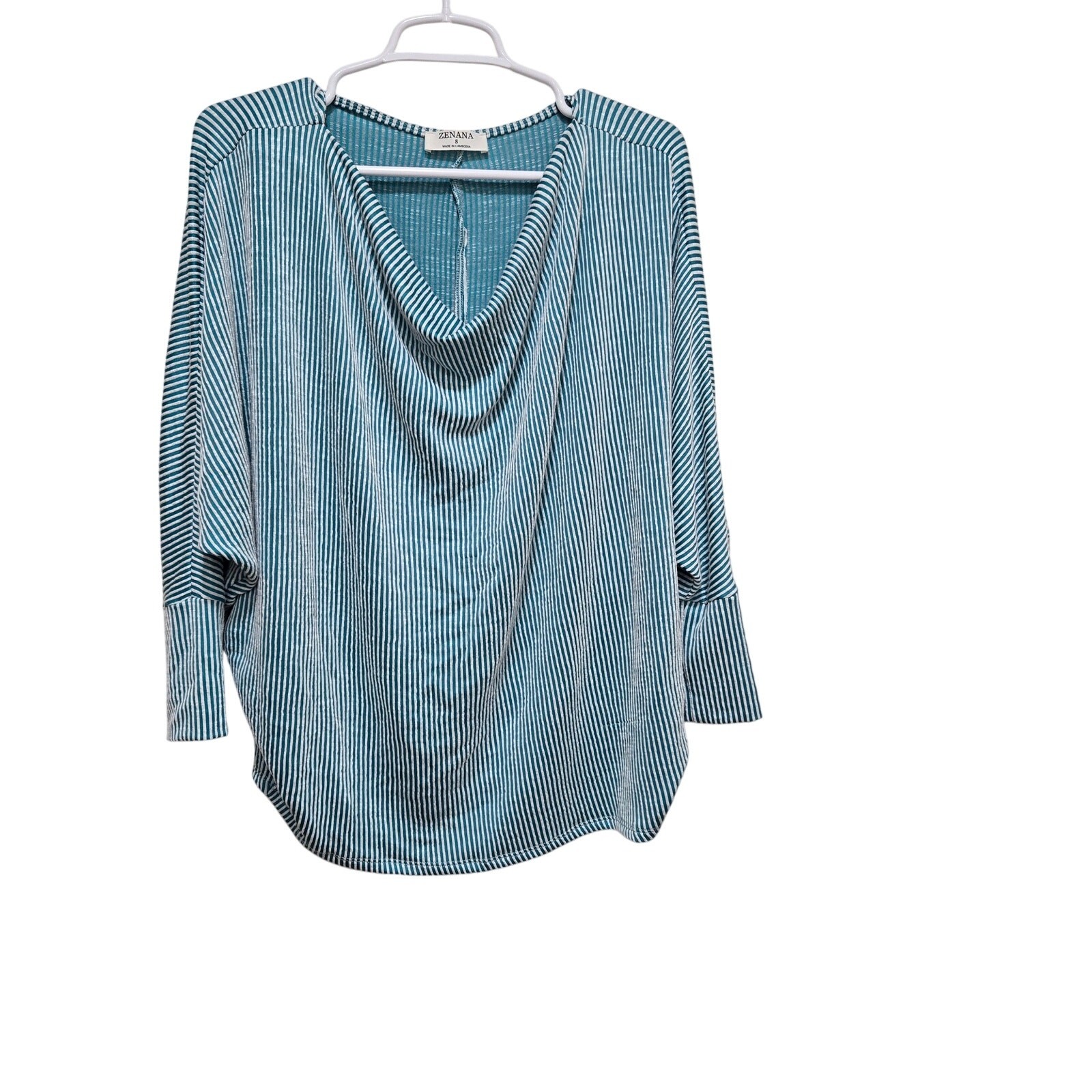 Zenana Ribbed Dolman Sleeve Oversized Striped Top Small Blue Green