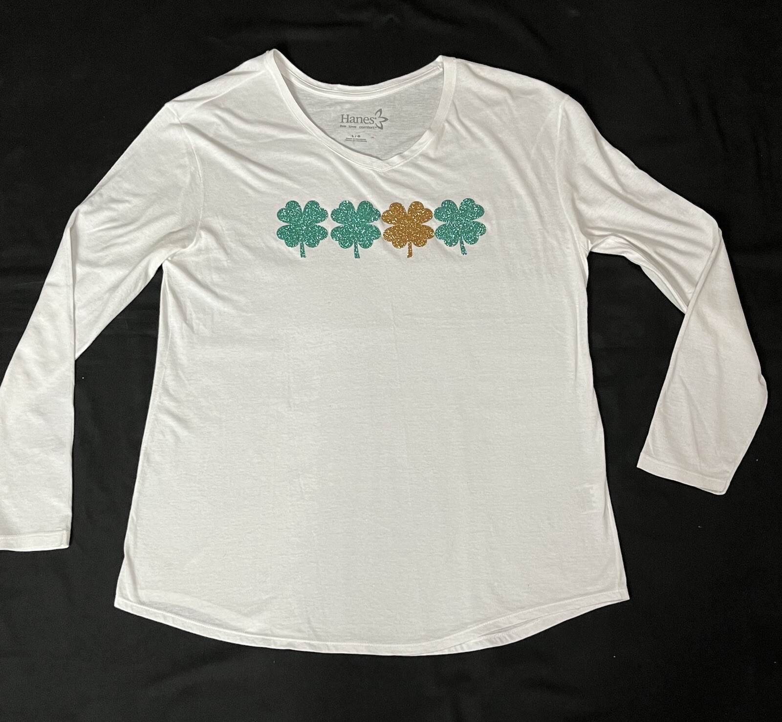 Women’s Shamrock Long Sleeve Graphic Shirt Sz Large St Patricks Day Irish White