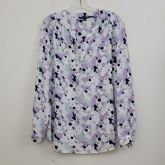 Zac & Rachel White, Purple, Blue & Gray Watercolor Print Tab Sleeve Top XL