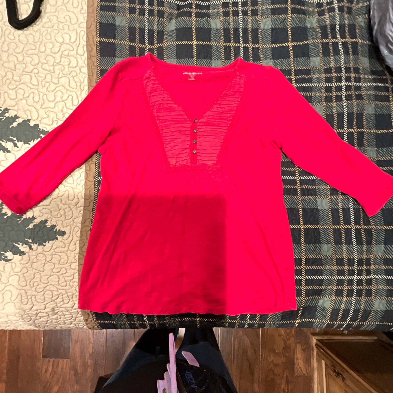 Eddie Bauer Women’s Pink Solid V-Neck 3/4 Sleeve Cotton Knit Pullover Top XL