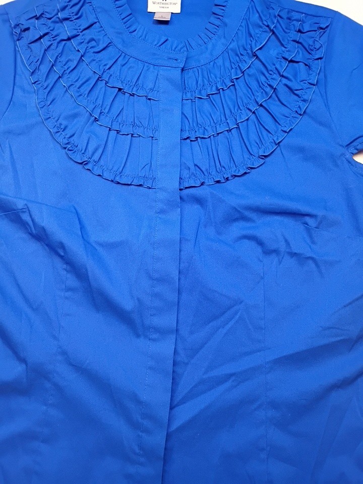 Worthington Women Stretch Short Sleeve Pleated Button-Up Shirt Blue Size L