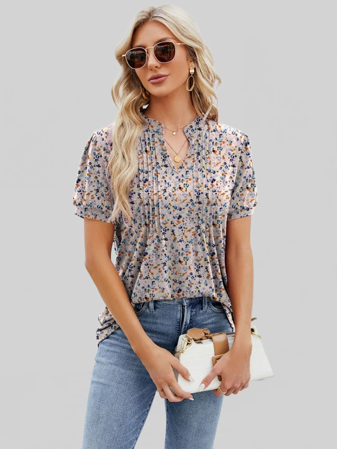Women Ruched Printed Notched Short Sleeve Blouse