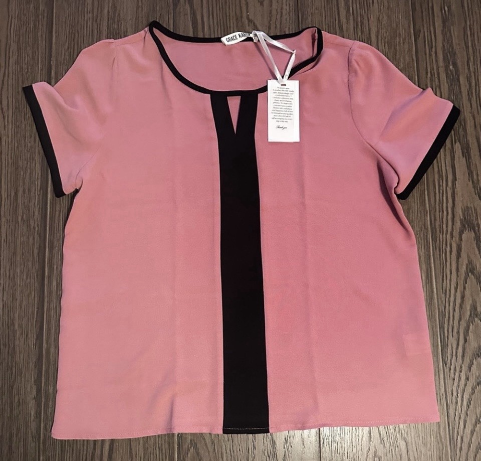 GRACE KARIN Pink/Black Contrast Trim Chiffon Cap Sleeve Blouse, Size S