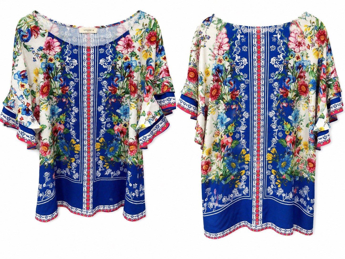 Umgee+ Women’s Plus 1X Blue Multicolor Floral Chiffon V-Neck Ruffle Blouse#4