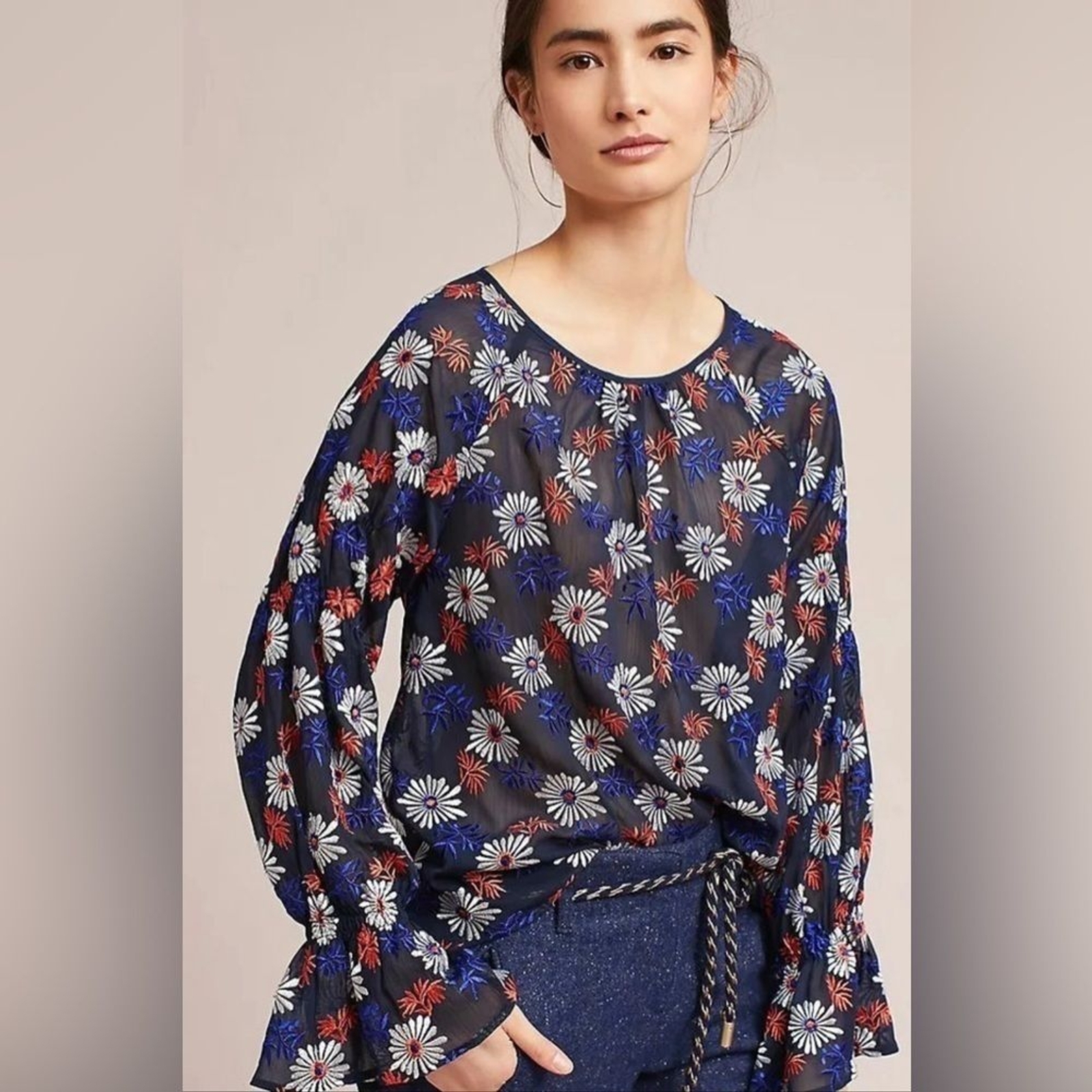 Ella Moss Anthropologie floral daisy embroidered long sleeve sheer blouse XS