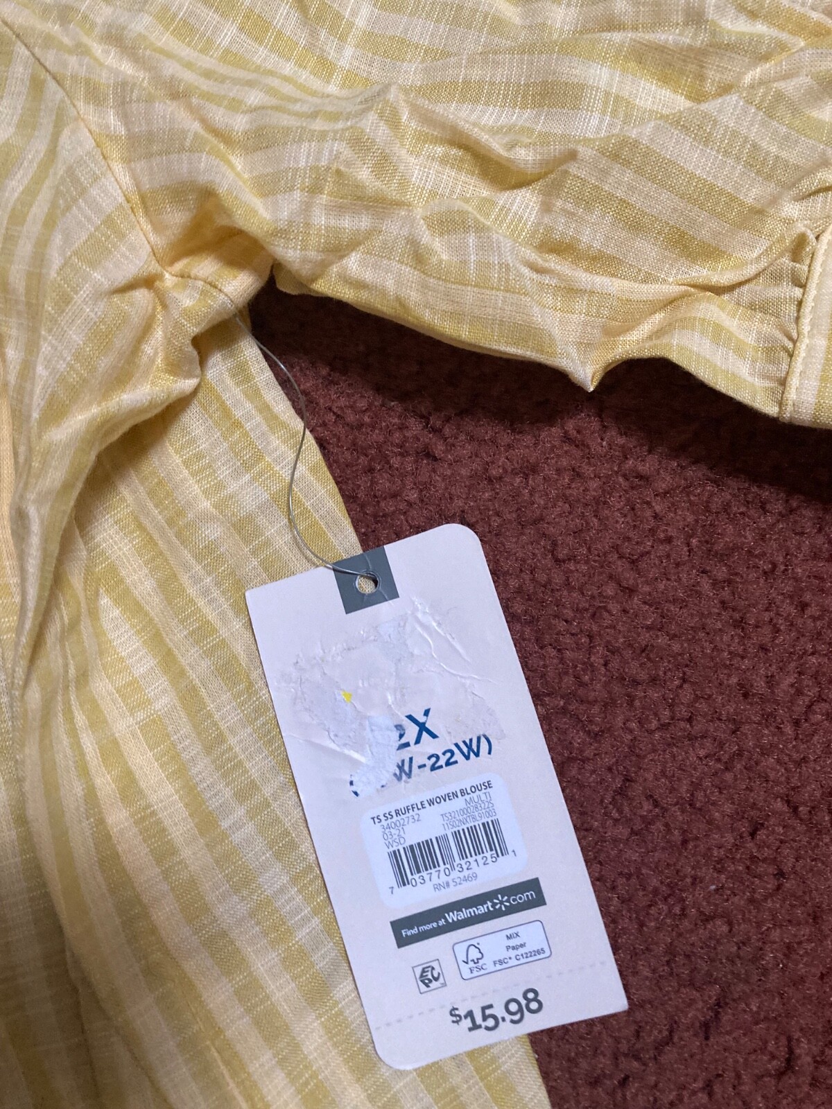 Terra & Sky Women’s Top 2X 20W 22W Gold Plaid Ruffle Short Sleeve Plus Size NWT