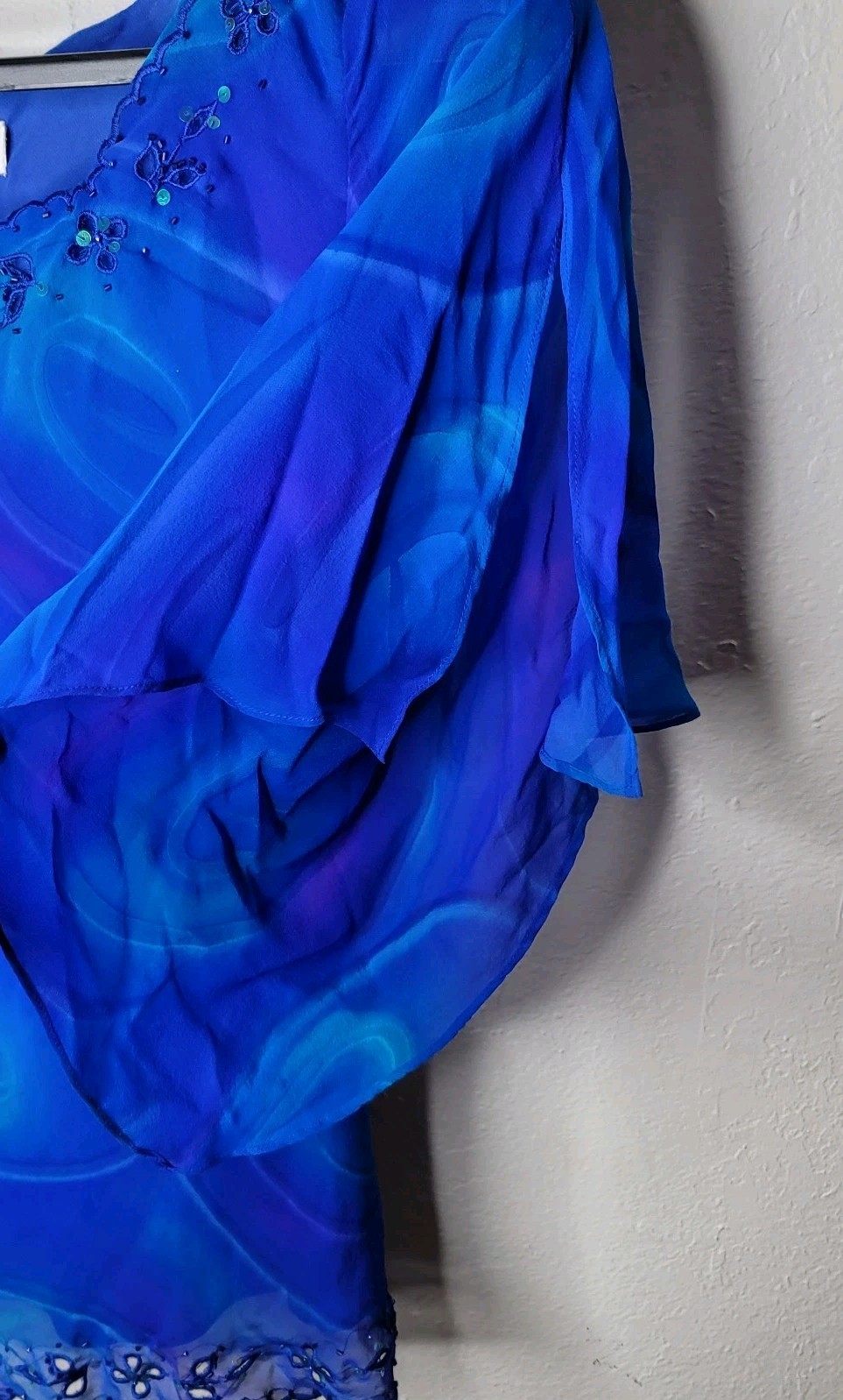 Draper’s & Damon’s Sz 14 Silk Blouse Blue Sheer Embroidered Top Sequin Fairy New