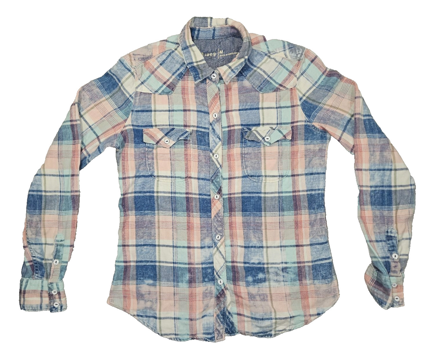 Gap 1969 Womens M Pink Blue Plaid Cotton Slim Western Snap Button Up Shirt