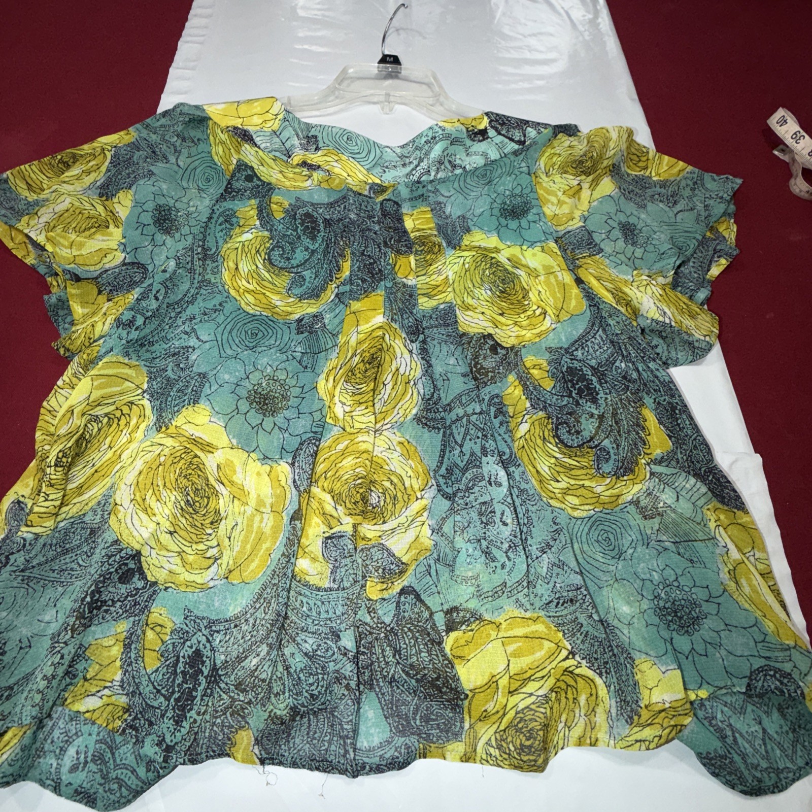 Nanette Lepore SILK Roses Blouse Flutter Sleeve Buttons Bow Lime Aqua SIZE 10 Lg