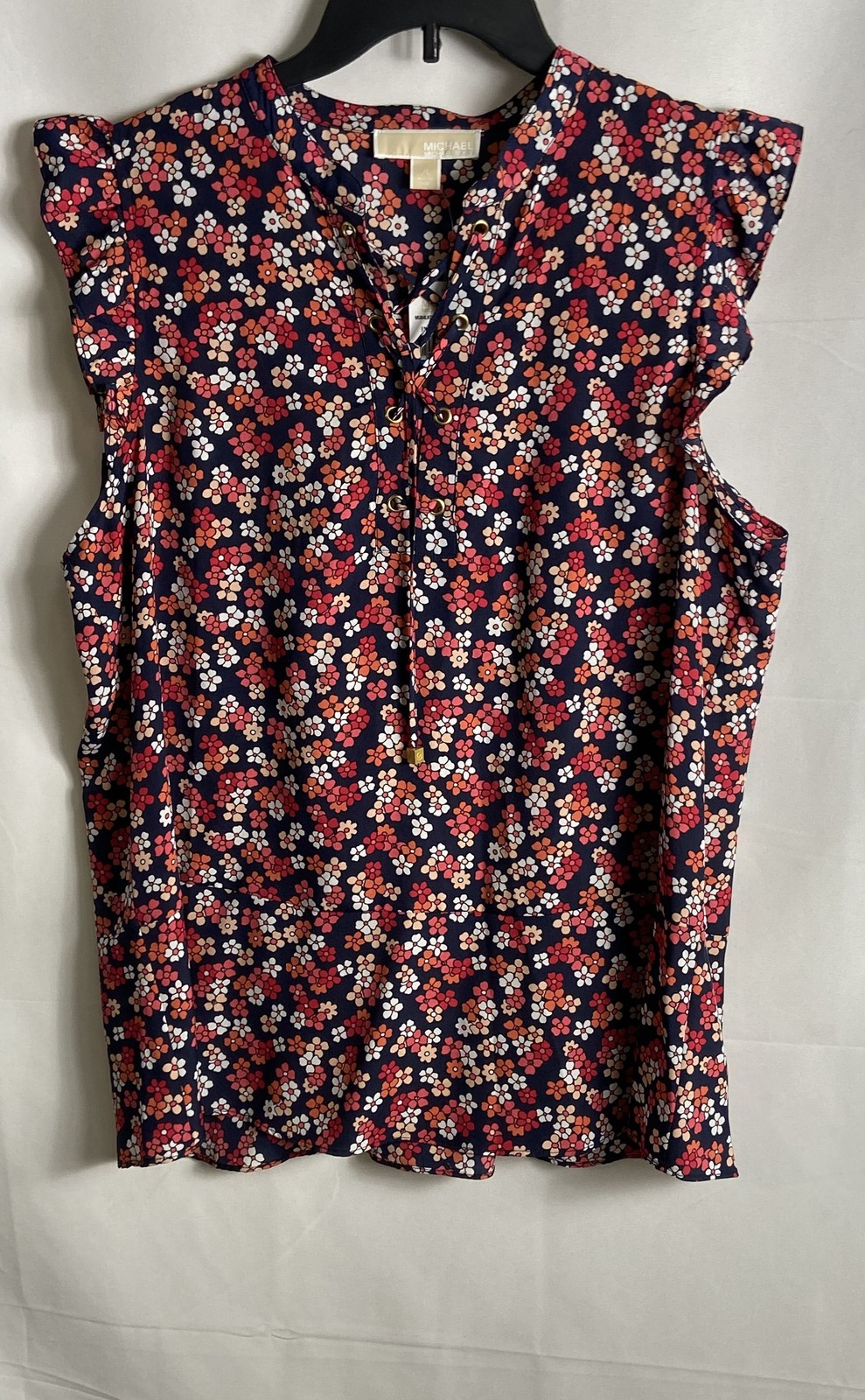 Michael Kors Women’s Navy Floral Lace-Up Ruffle Sleeveless Top Sz XL NWT