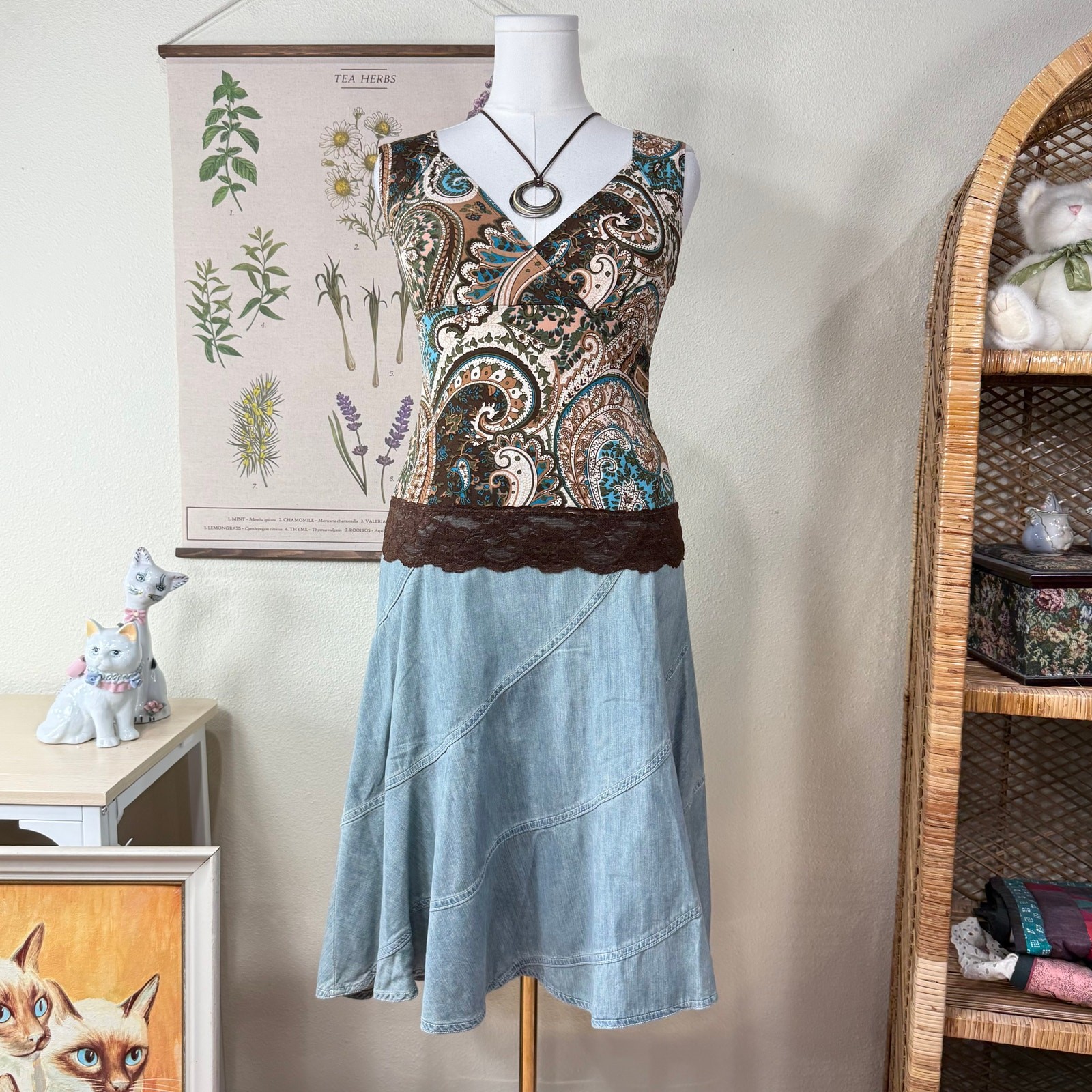 Vintage 90s Y2k Paisley Lace Babydoll Top Boho Hippie Fairy Grunge Forest M