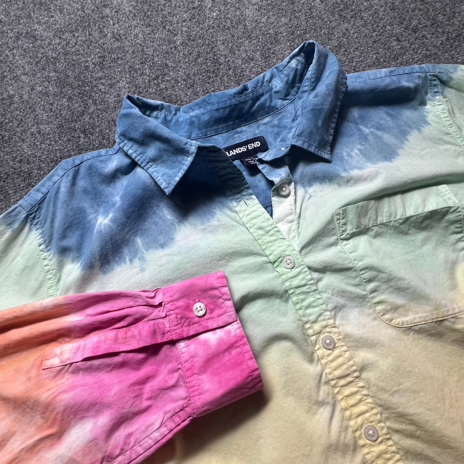 Lands End Womens 2X Tie Dye Cotton Button Down Shirt Rainbow Joy Pride Plus