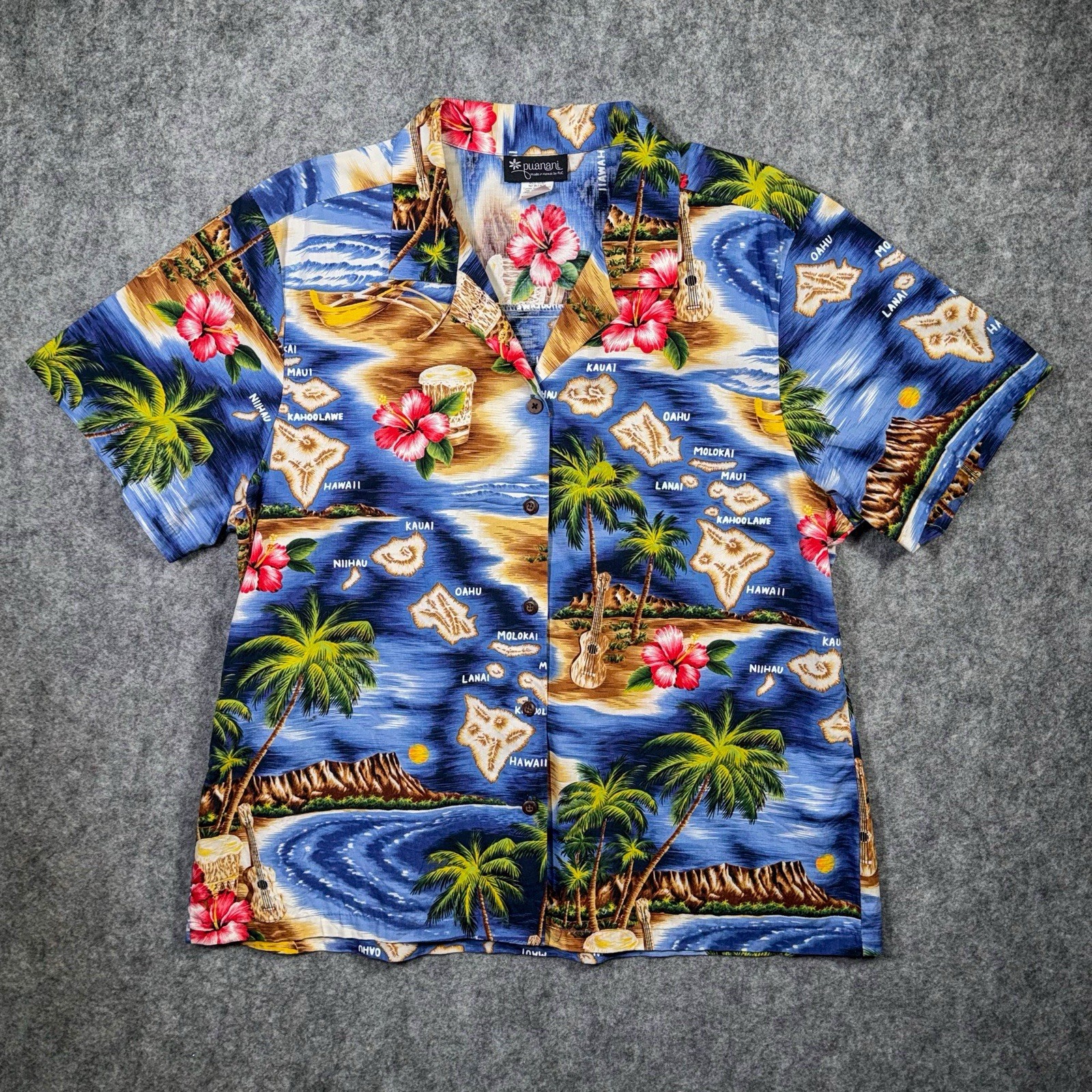Vtg Puanani RJC Hawaiian Shirt Womens XL Fits L Hawaii USA Cotton Aloha Blouse