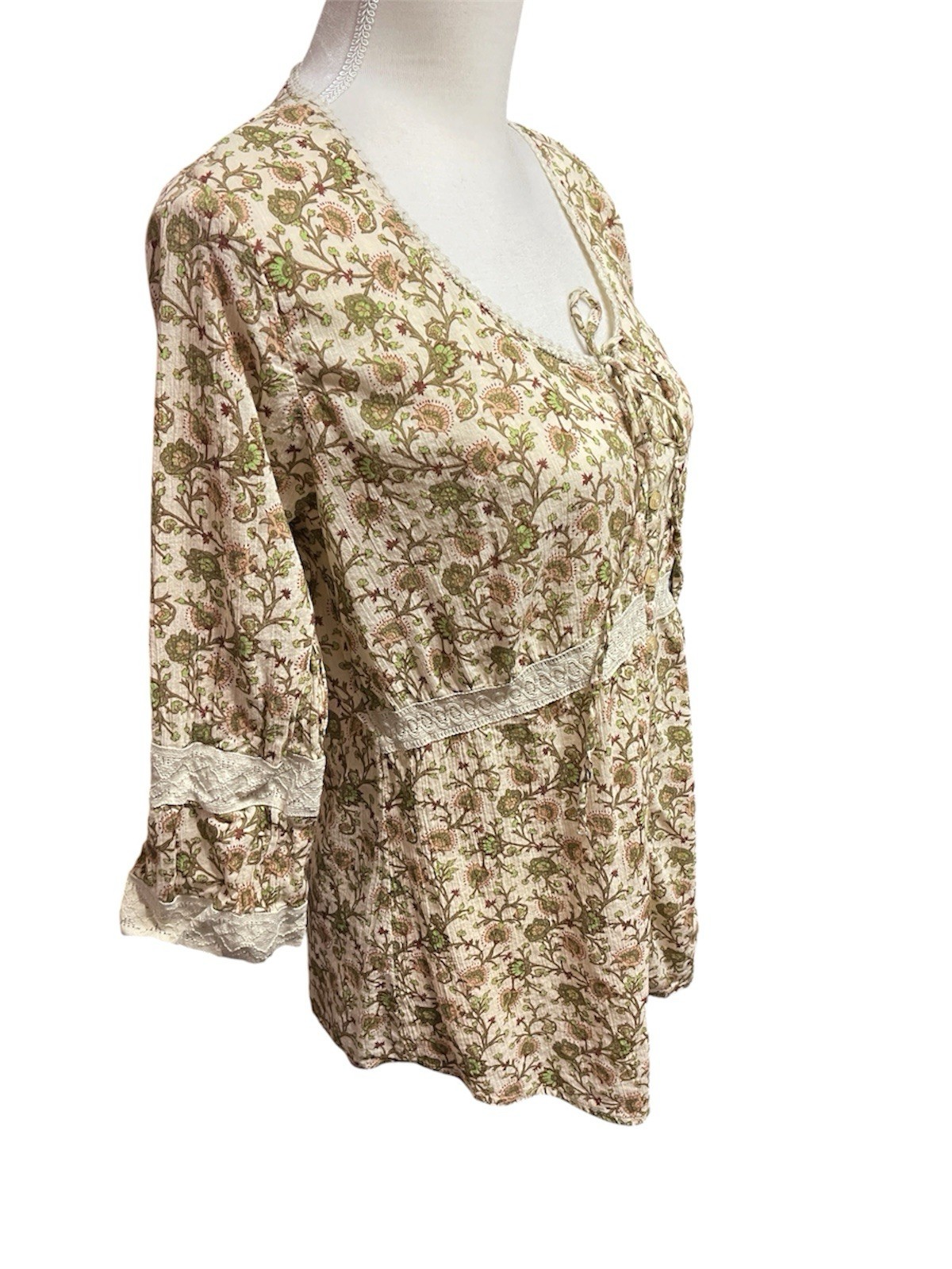 Faded Glory Womens Boho Peasant Floral Lace Blouse Size Large Fairy Cottagecore