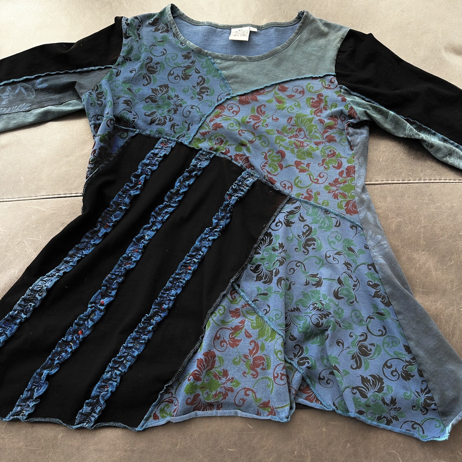 EUC Parsley & Sage Mixed Print Asymmetrical Top Lagenlook M Blue 100% Cotton