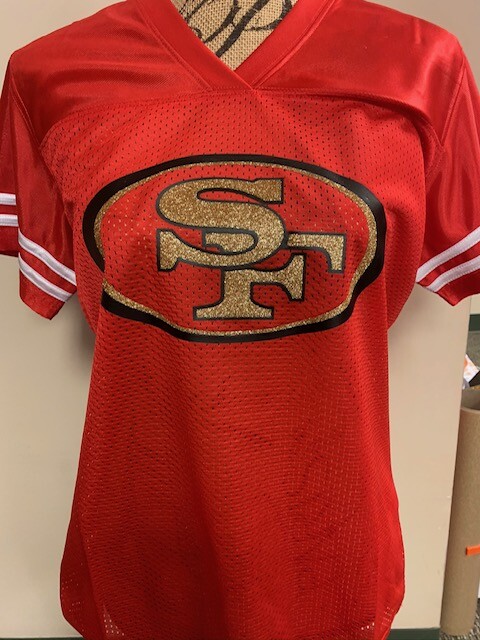 San Francisco 49er Women’s Glitter Football Jersey in BLACK or RED