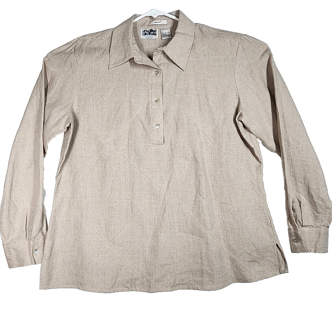 Edward Linen Popover Tunic Shirt Womens L Natural Beige 100% Irish Linen Blouse