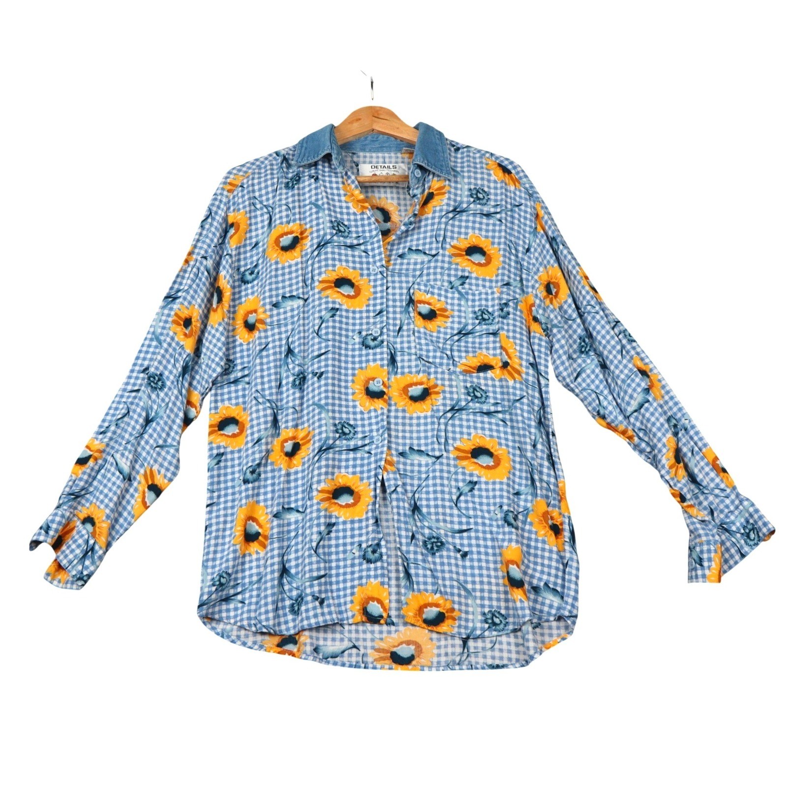 Details Vintage 90s Sunflower Gingham Button Down Shirt Denim Collar Womens M