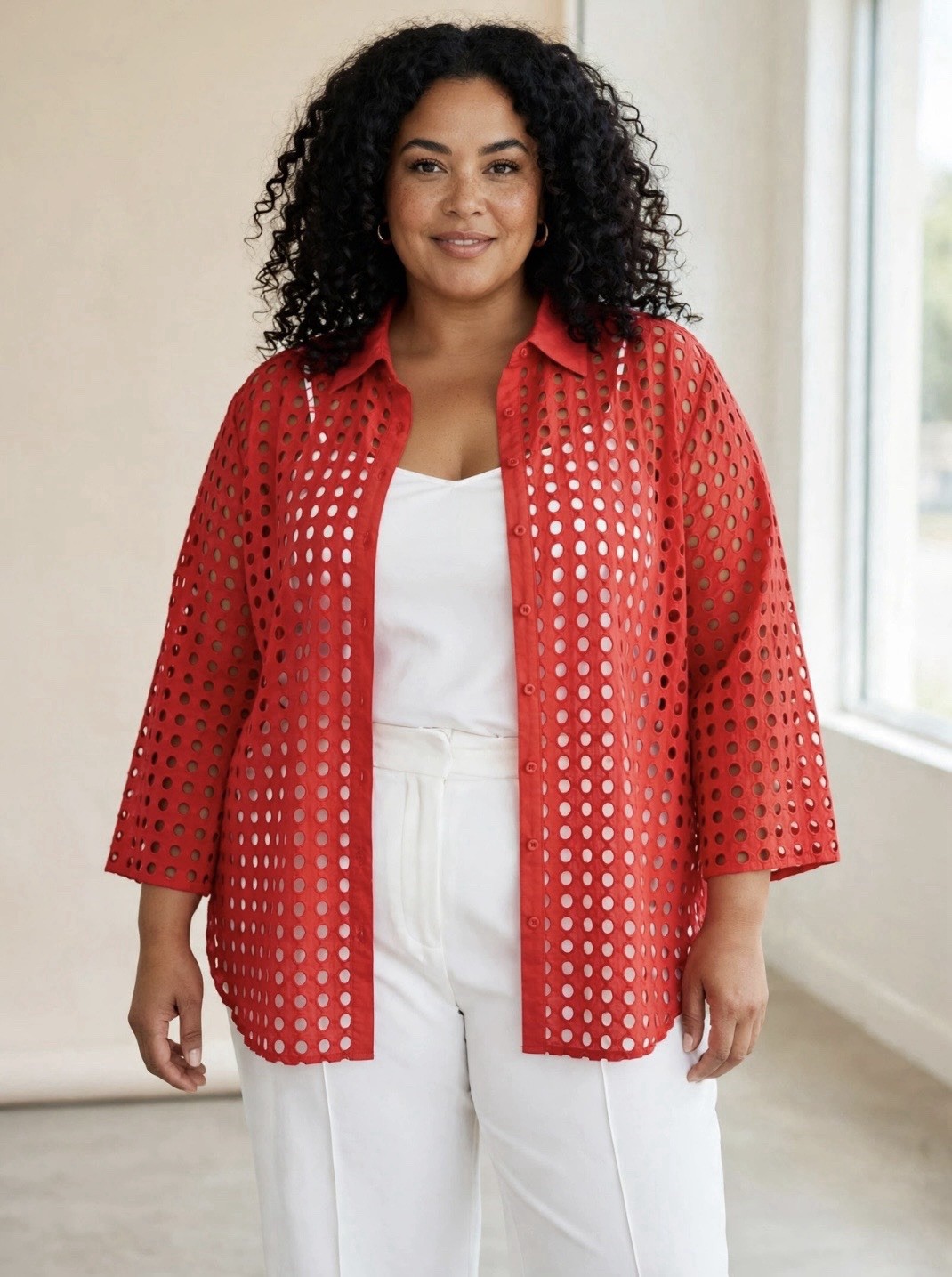 ADIVA Watermelon Openwork Eyelet Blouse Sz: 3X Button Up 3/4 Roll-Tab Sleeves