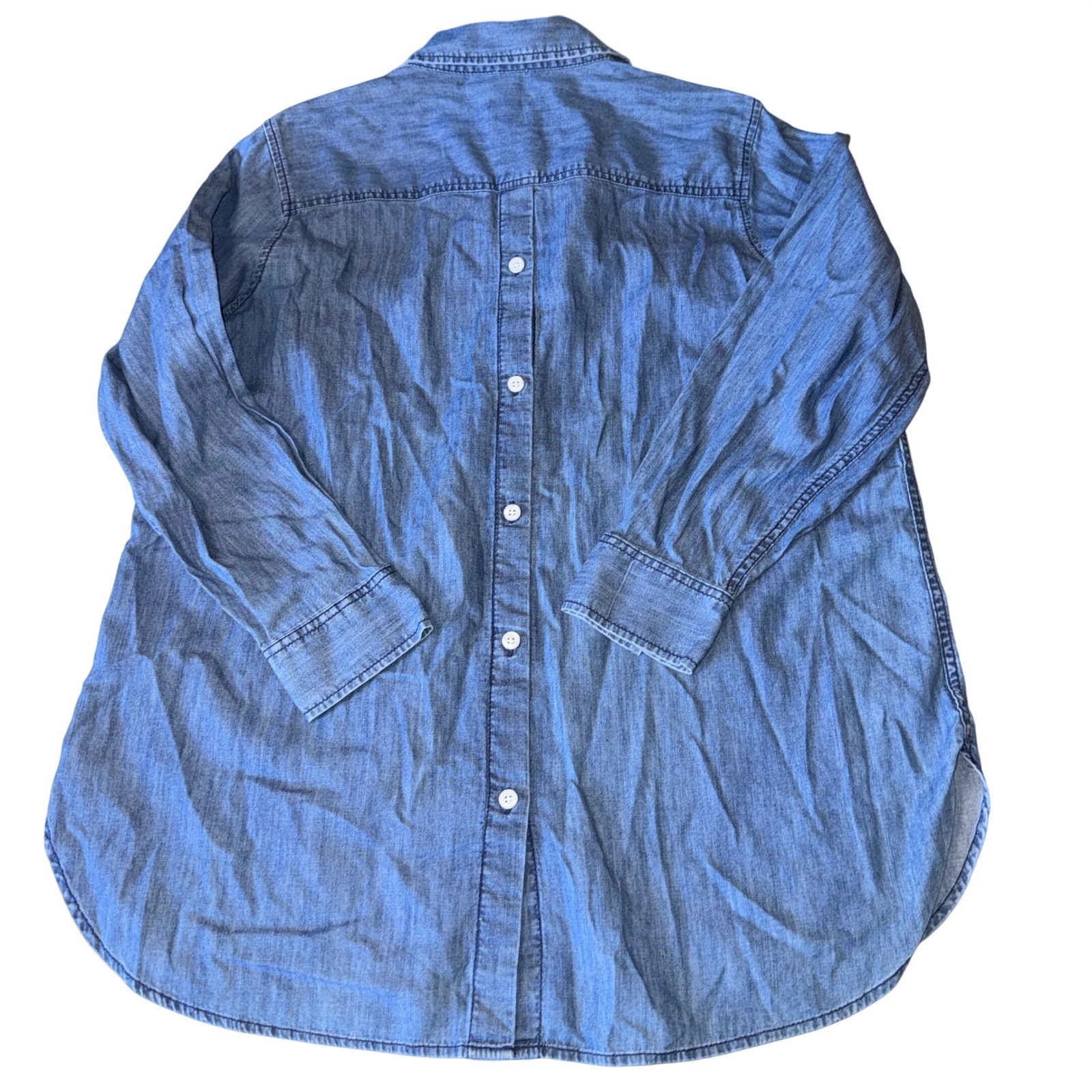 Talbots Plus Tunic Top 1X Blue Chambray Button Back Long Sleeve V-Neck