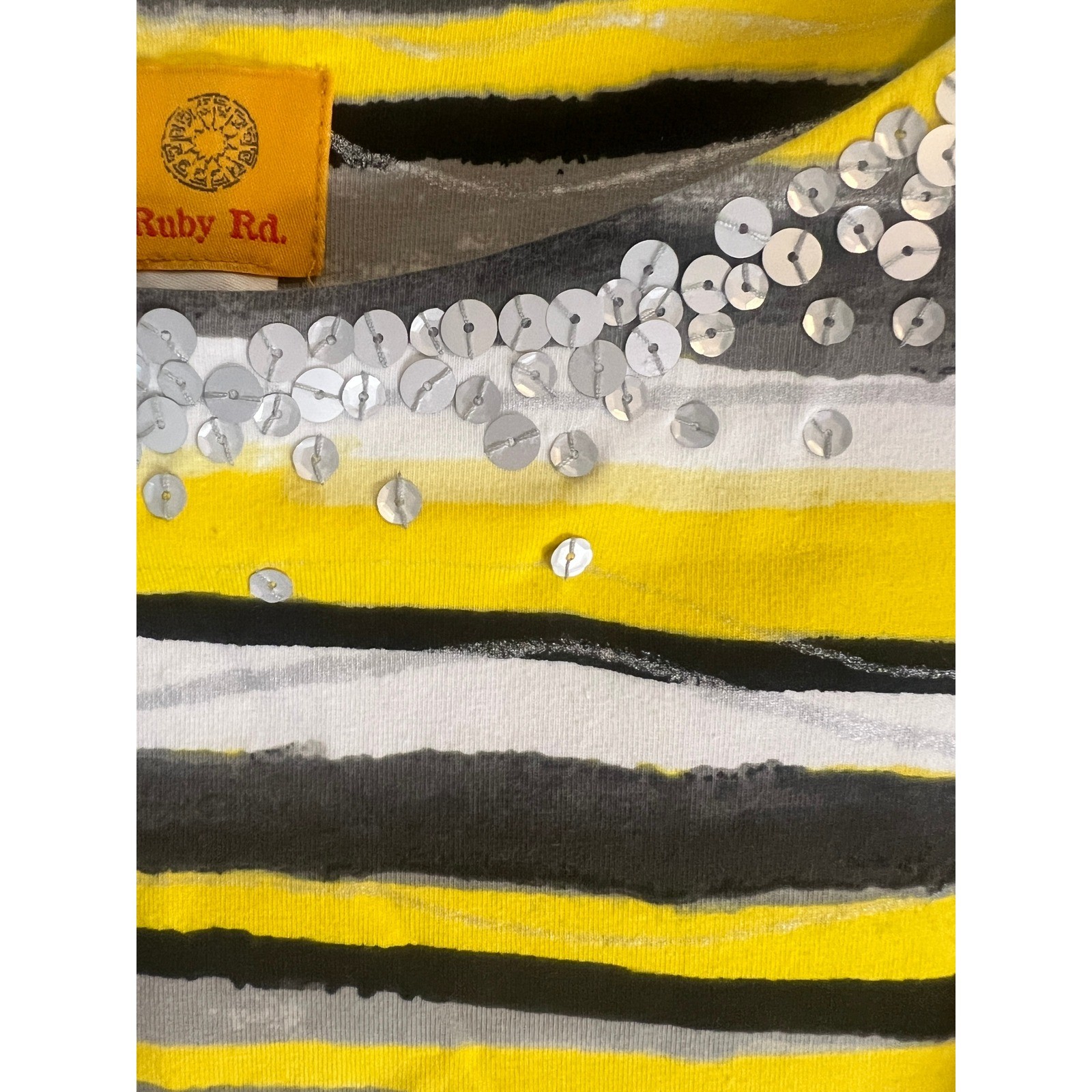 Ruby Rd Womens Yellow Grey Striped Sequin Boat Neck 3/4 Sleeve Knit Top Size M
