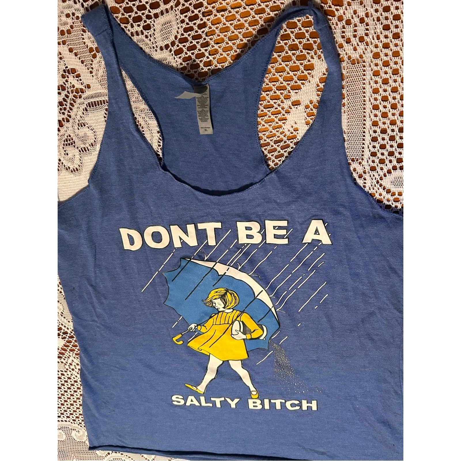Next Level Apparel Blue Graphic Tank with Yellow and White Print