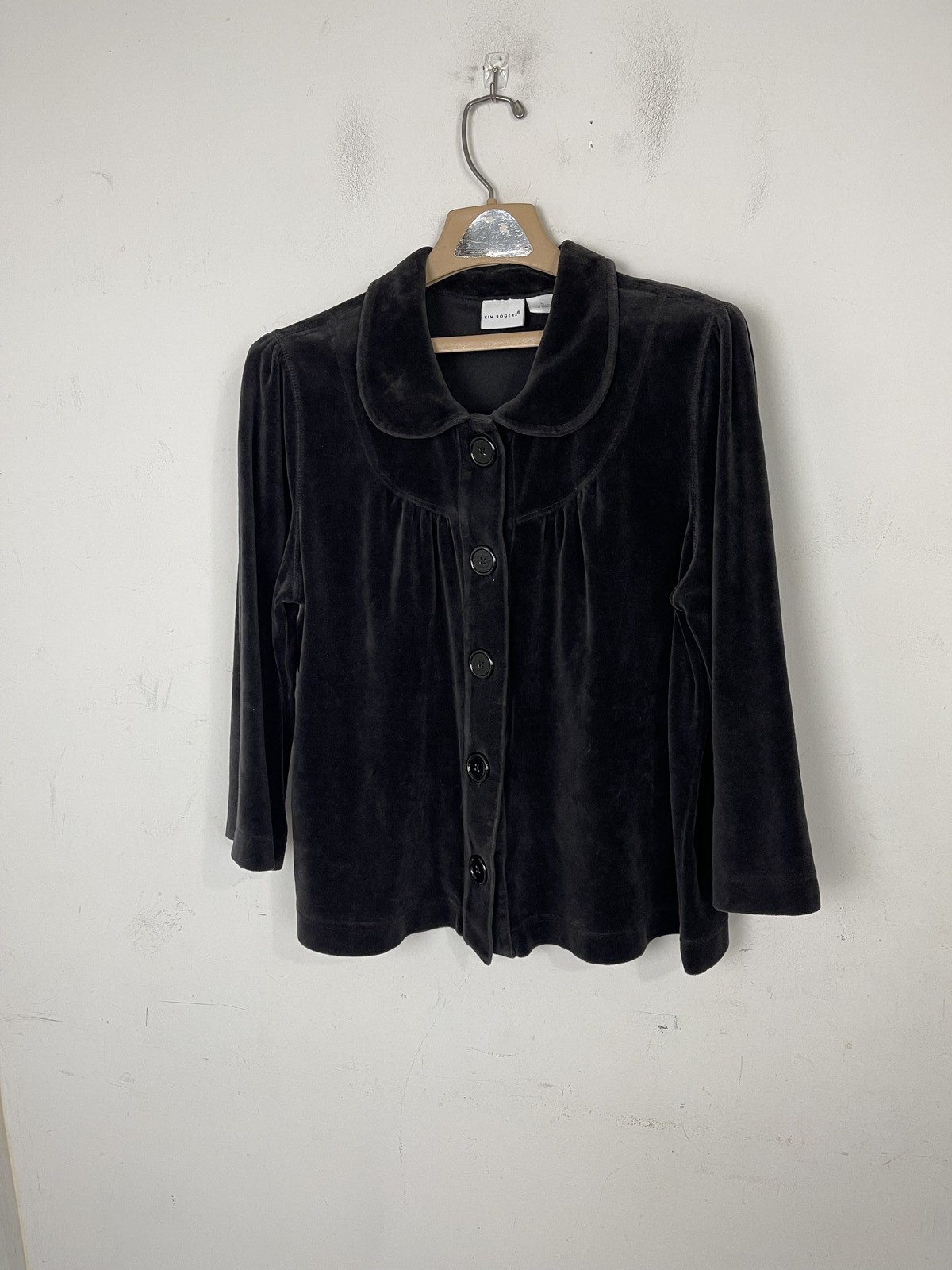 Kim Rogers Women Shirt Large Dark Gray Velour Button Front Collared Twee Cottage