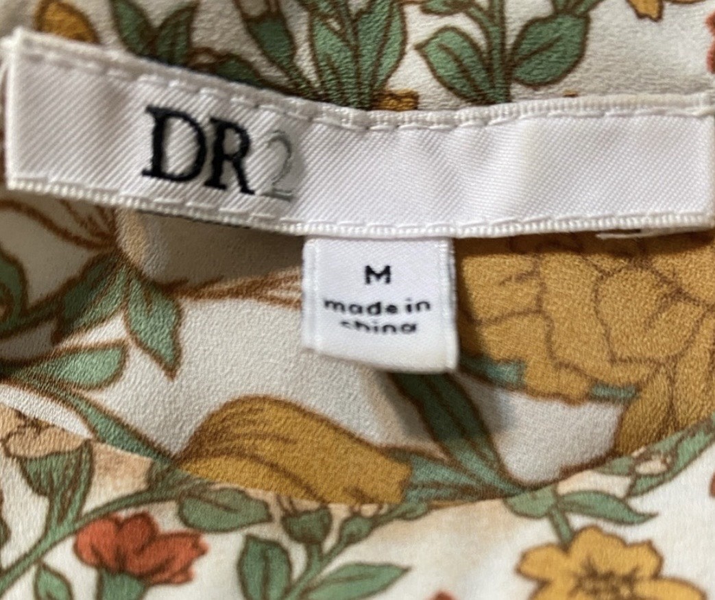 DR2 Blouse Round Neck Short Ruffle Sleeve Floral White Multicolor Polyester M