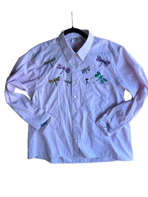 Vintage Tia’s Pink Embroidered Dragonfly Blouse Button Up Striped Size Large