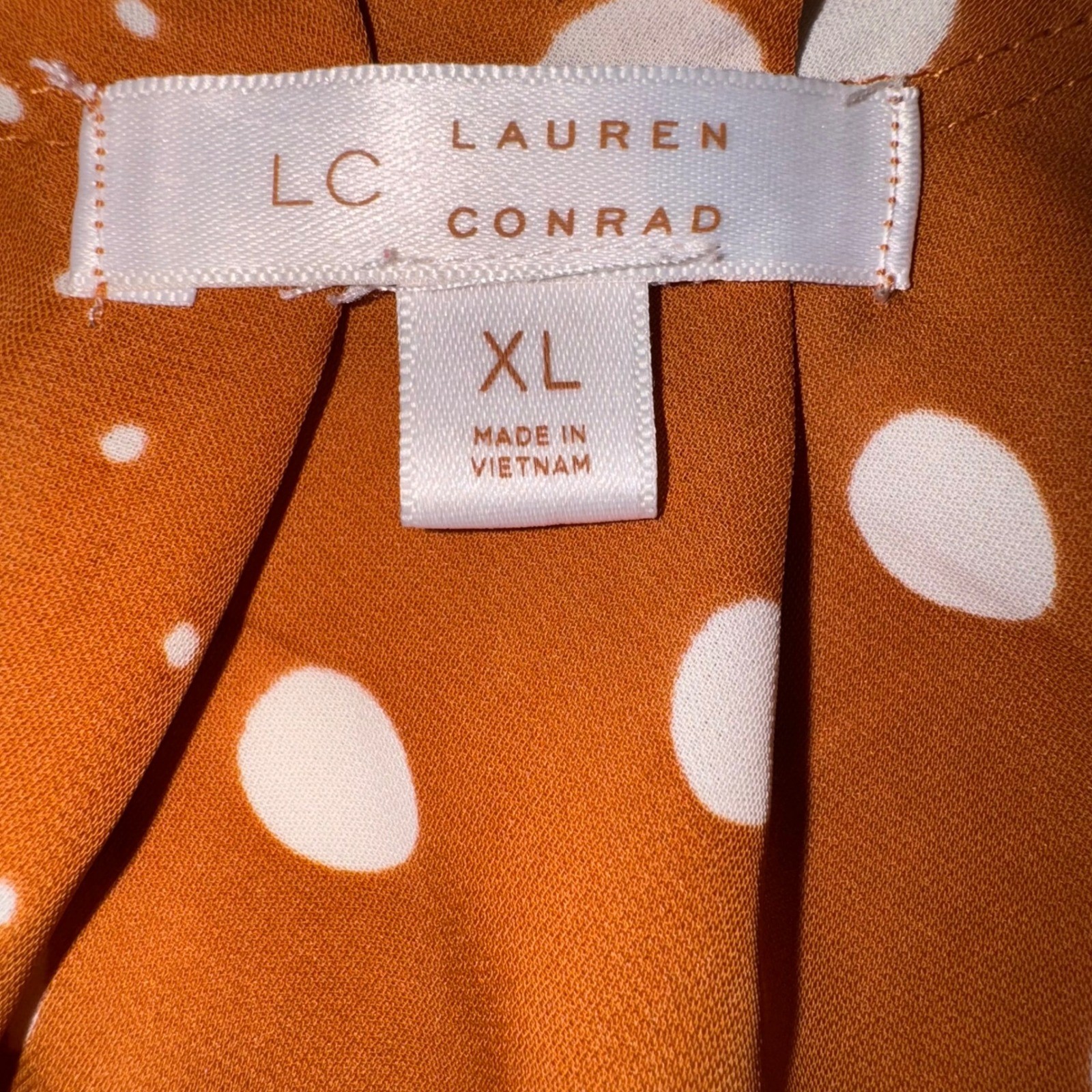LC Lauren Conrad XL Blouse Top Rust Orange White Polka Dot Tie Back