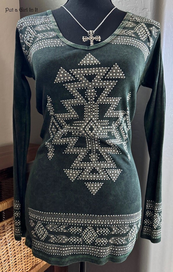New VOCAL Womens CRYSTAL MINERAL WASHED OLIVE AZTEC BIKER BLING SHIRT S M L XL
