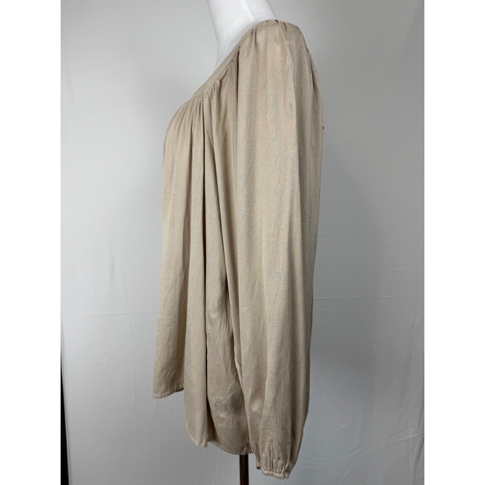 Perfectly Priscilla Square Neck Blouse Women’s 2X Tan Tie Back Peasant Babydoll