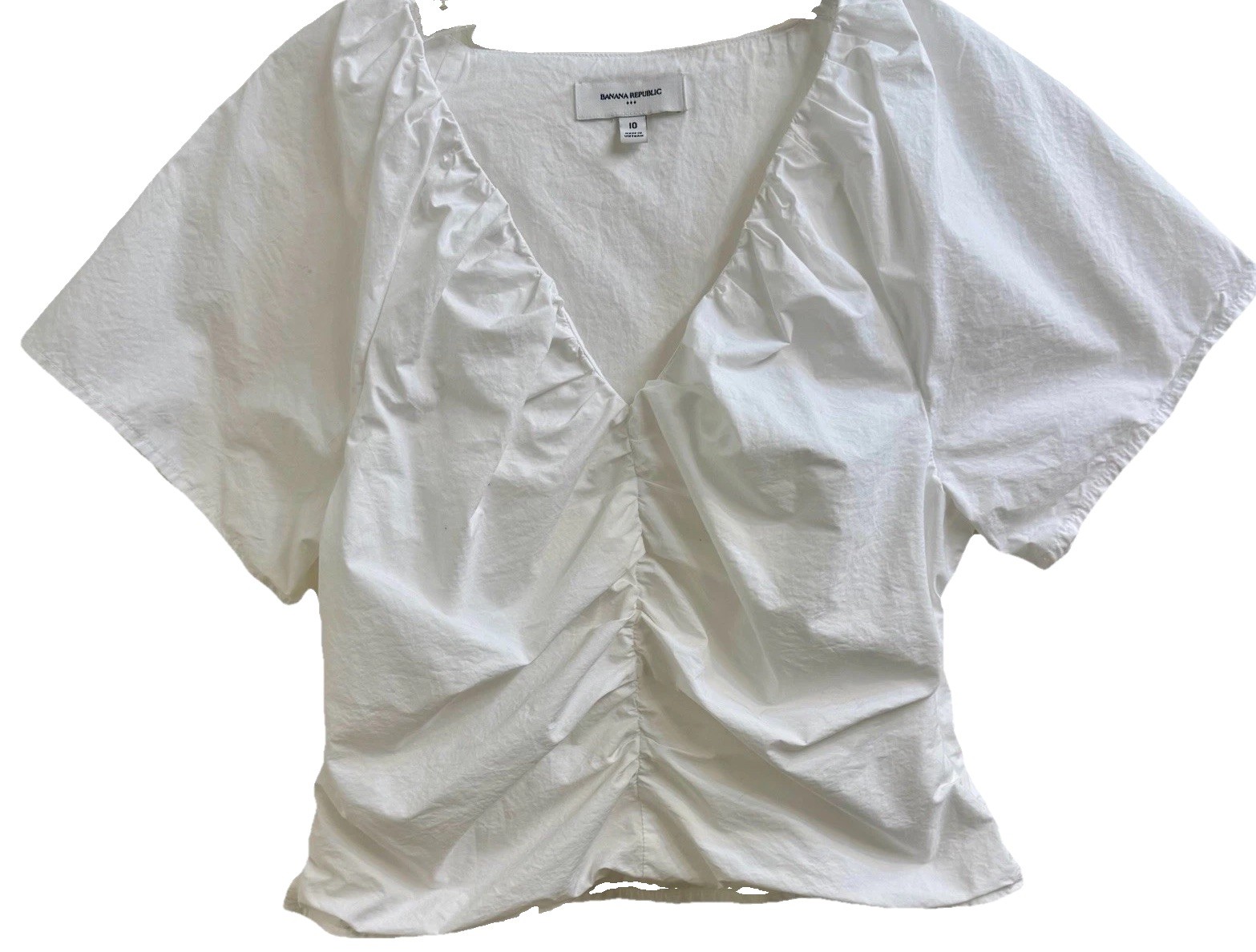 BANANA REPUBLIC White Fitted Poplin Cotton V-Neck Top Ruched Front Side Zip (10)