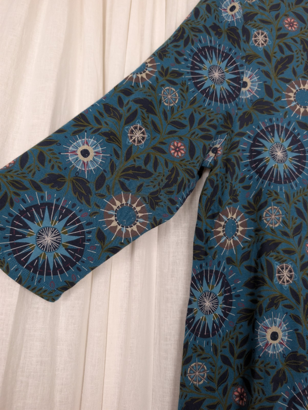 Seasalt Killiow Tunic Top Floral Teal Green Cotton Blend Jersey UK 18 3/4 Sleeve