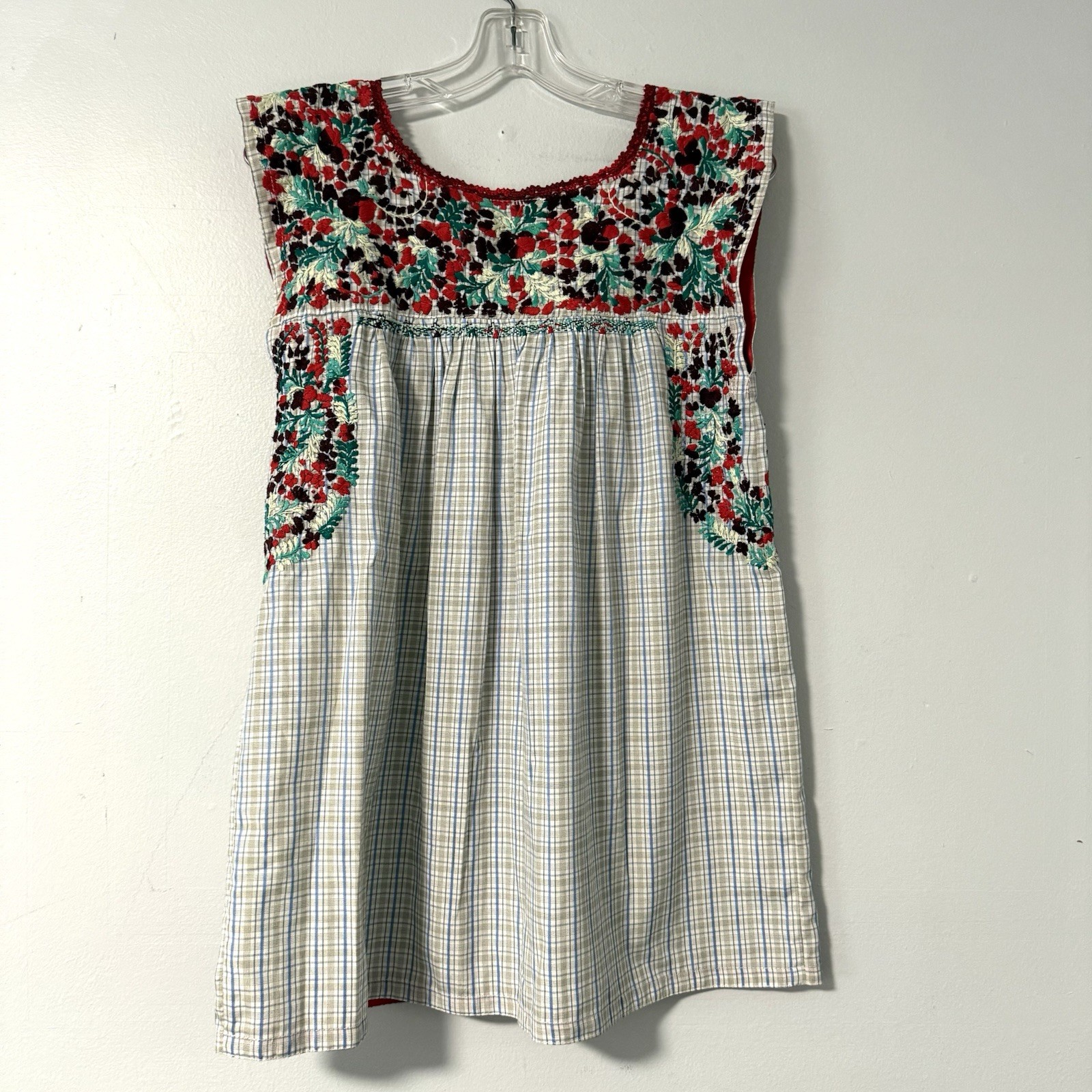 Mi Golondrina Hand Embroidered Tunic Top Blouse Red Green Floral Plaid S Mexico