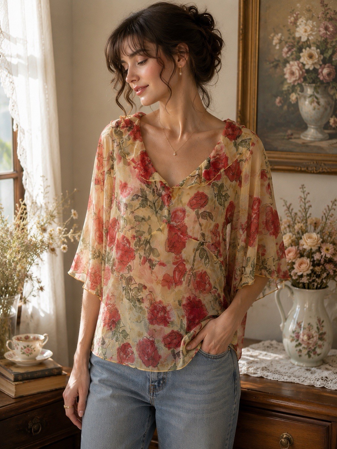Vintage Tess 100% Silk Sheer Floral Fairy Top Size 14 Coquette Romantic Babydoll