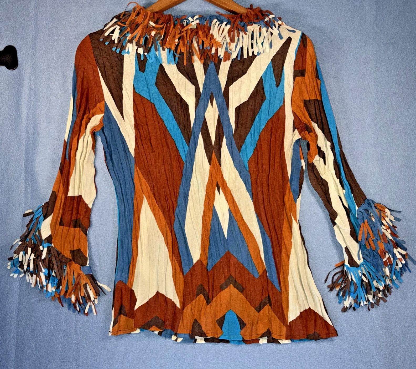 Agora Boho Fringe Top Womens Small Geometric Print Western Festival Y2K Blouse