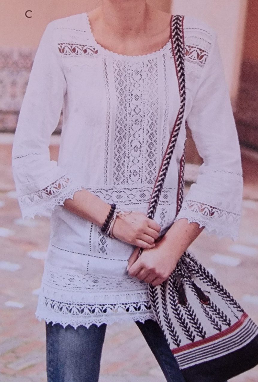 Peruvian Connection Victorian Tunic Top Black L / XL linen cotton lace $189
