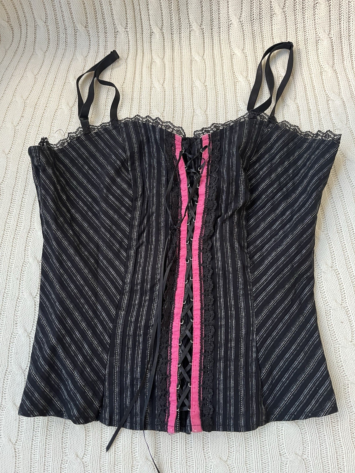 Vintage Finesse Lace Up Pinstripe Corset Bustier Spaghetti Strap Womens Medium