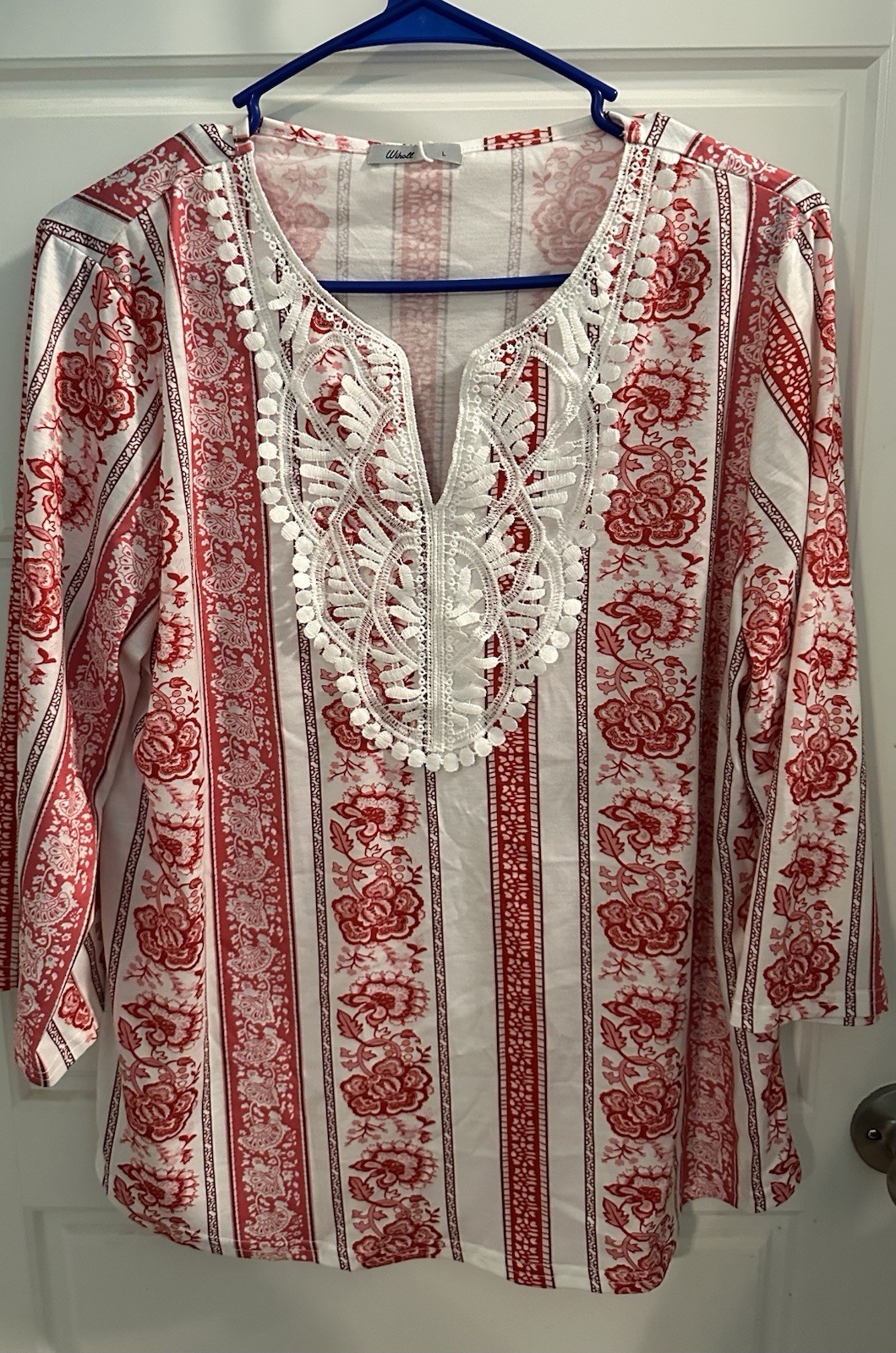 Wiholl Red/ White Floral Lace Embroidered Neck 3/4 Sleeve Woman’s Top L NWT Boho