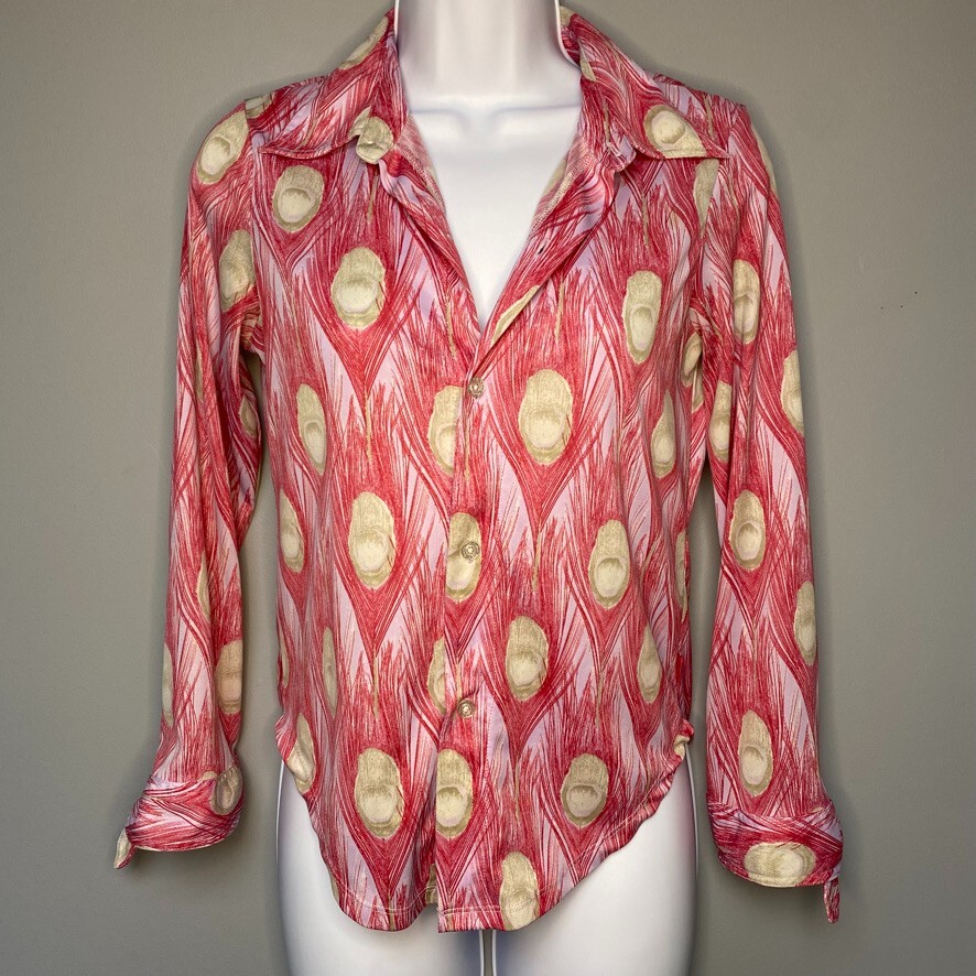 Vintage Calvin Klein Pink Peacock Print Tie Cuff Button-Up Blouse Women’s Size M
