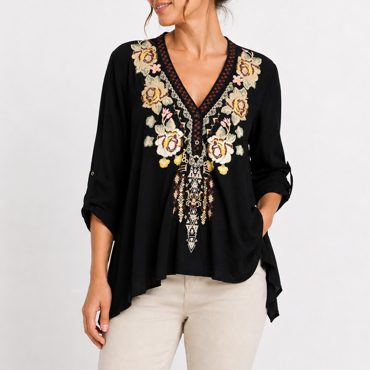 Andree by Unit Sz S Black Embroidered Floral Boho Tunic Blouse Rayon Roll Tab