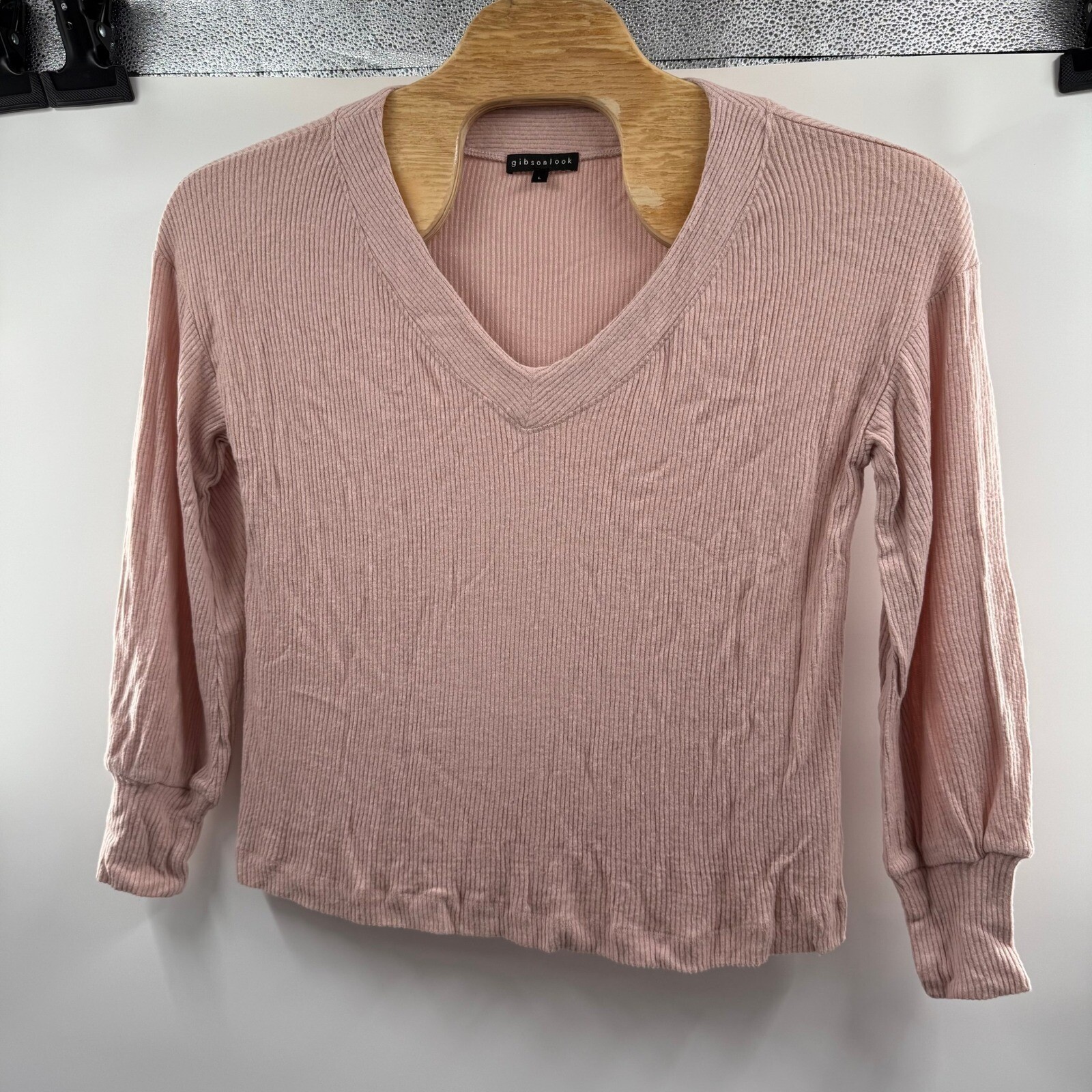 Gibsonlook Ribbed V-Neck Top Womens Large Pink Excellent Long Sleeve CAR9744