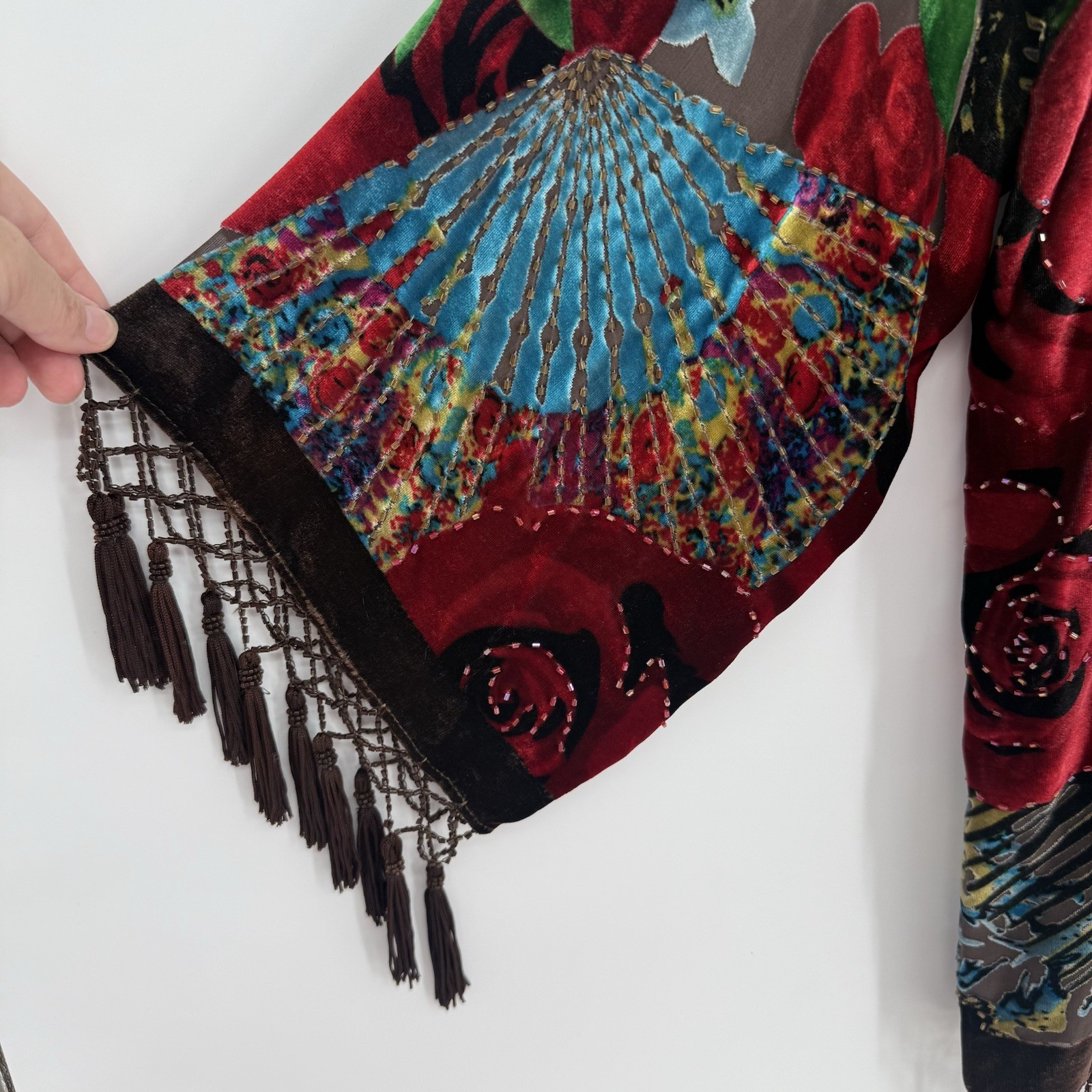 Aris A Kimono Burnout Velvet Floral Boho Beading Tassel Fringe Silk Blend