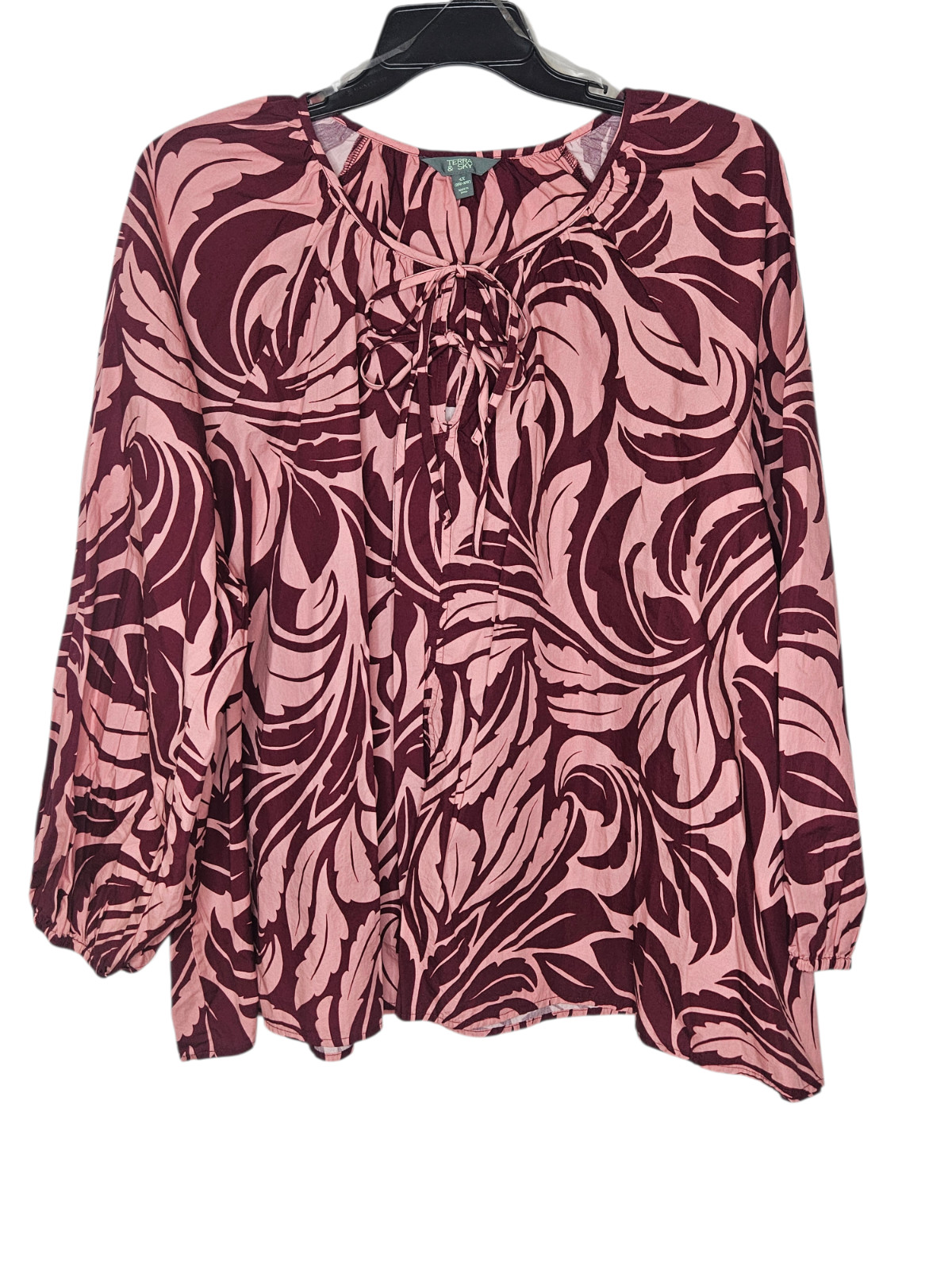 Terra & Sky Plus Size Long Sleeve Front Tie Blouse Retro Mauve 0X 1X 2X 3X or 4X