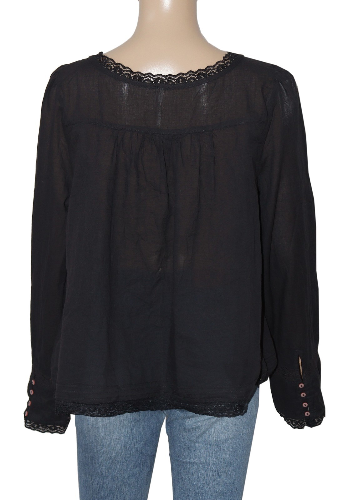 Free People Forevermore Long-Sleeve Blouse Top Lace Black Cropped Button New XS