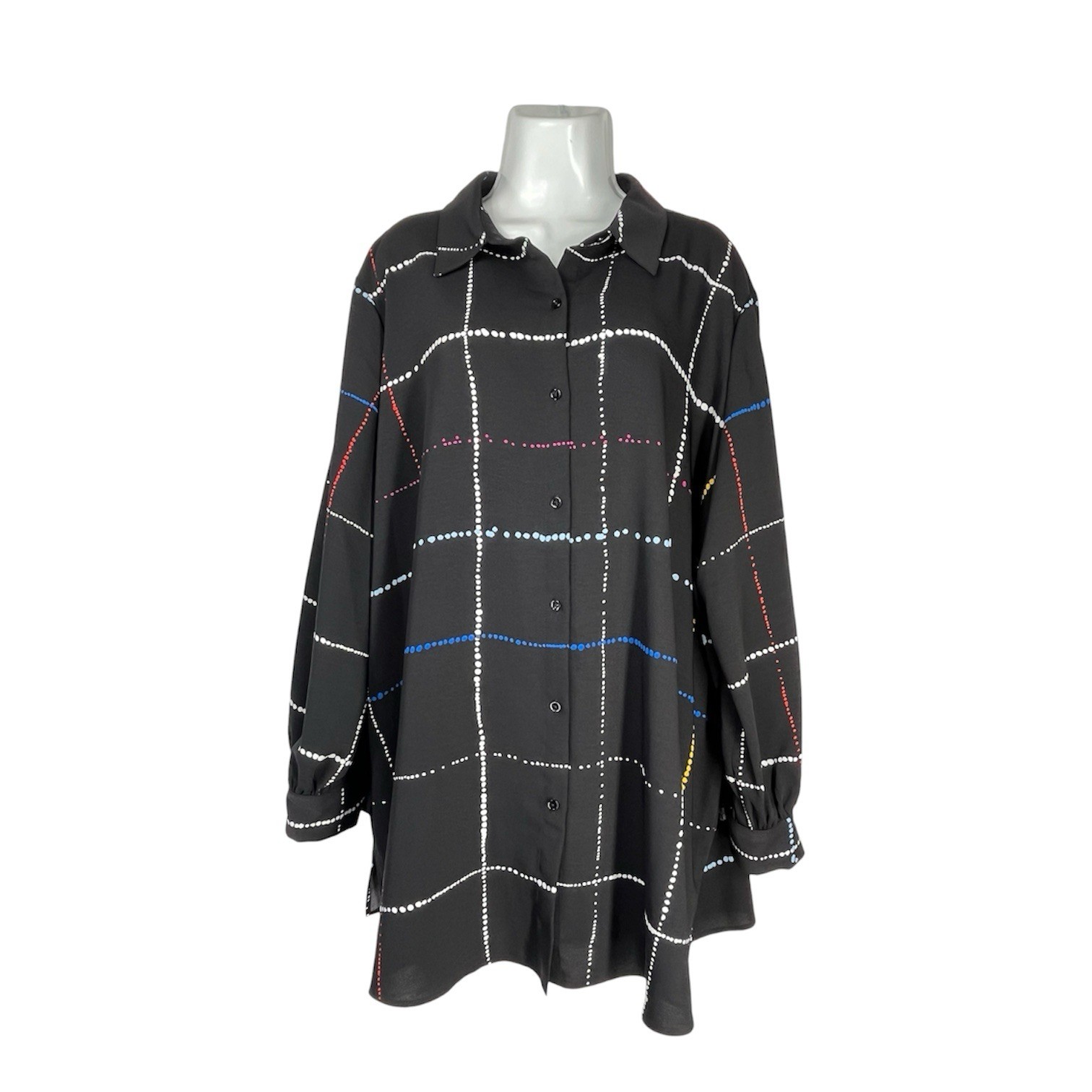 Investments Woman 2X Top Button Black Plaid Grid Plus Long Sleeve Work Blouse
