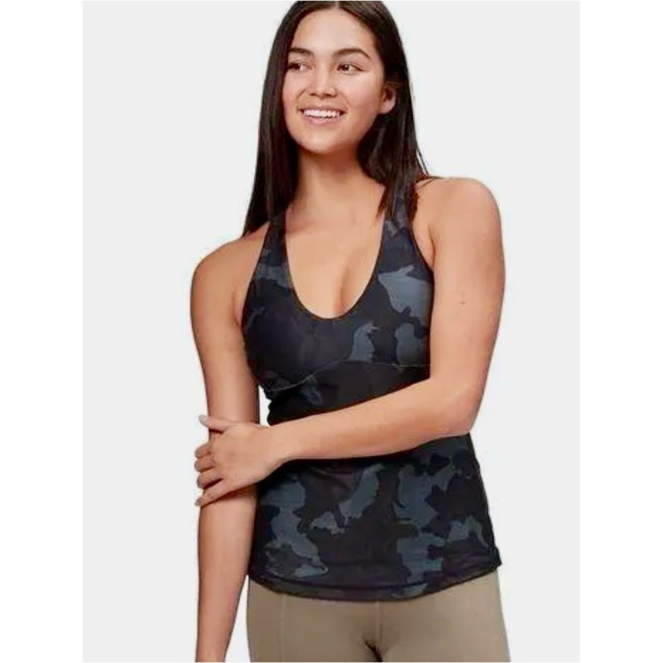 prAna Layna Bra Tank Scoop Neck Cross Back Black Camo Yoga Workout Small