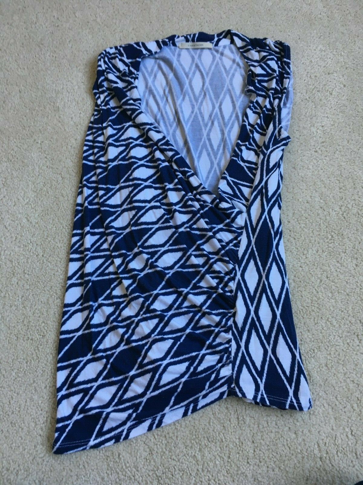 41 Hawthorn Womens Top Medium Blue & White Stitch Fix Blouson Printed Faux Wrap