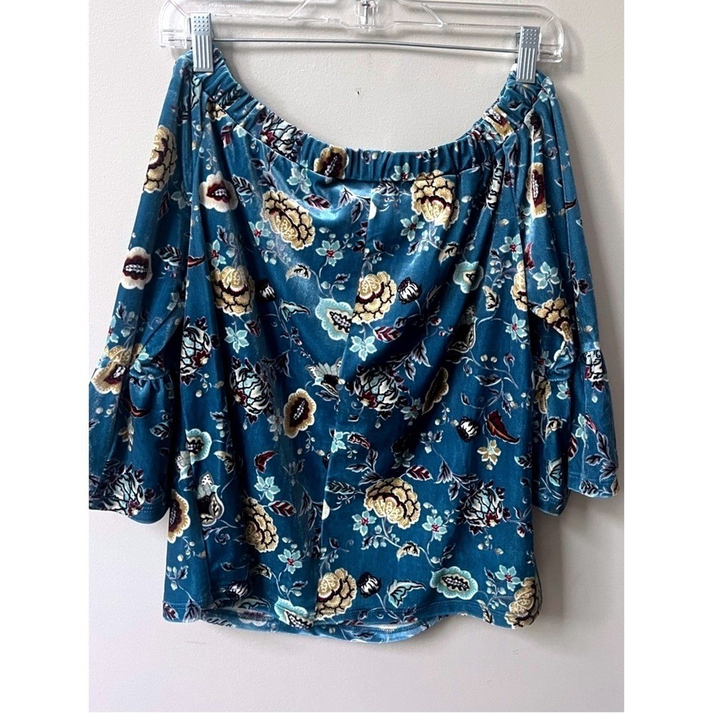 Current + Project Floral Bell Sleeve Off Shoulder Velvet Top Womens Small Blue